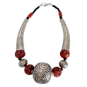 India Statement Necklace Women‎ Red Silver Coral Spiral Tribal Ornate Bead